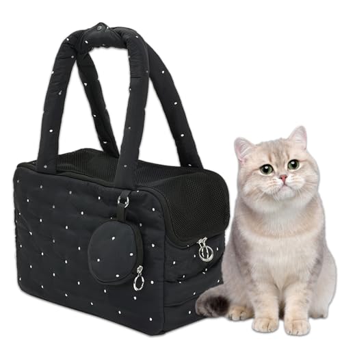 Duuclume Modische Haustier-Tragetasche für kleine Hunde und Katzen, 38,1 x 20,3 x 26,7 cm, weiche, gesteppte Handtasche, Haustier-Tragetasche mit kleinen Punkten und kleiner Geldbörse, Schwarz von Duuclume