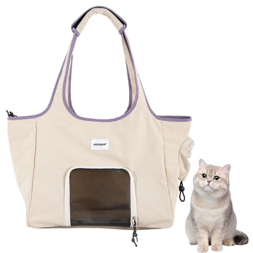 Duuclume Nylon Haustiertragetasche für Katzen und kleine Hunde bis zu 6 kg, wasserdichte Katzentragetasche, Handheld & Schultertasche, atmungsaktives Netzfenster mit seitlichem elastischem Loch (Beige von Duuclume