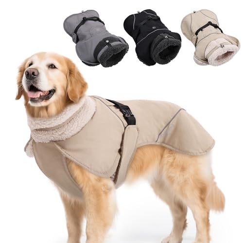 Duuclume Warmer Hundemantel, wasserdicht, weich, mit Fleece gefüttert, winddichter Wintermantel für kaltes Wetter, mit reflektierenden Streifen, Loch für die Leine und verstellbaren Hals- und von Duuclume