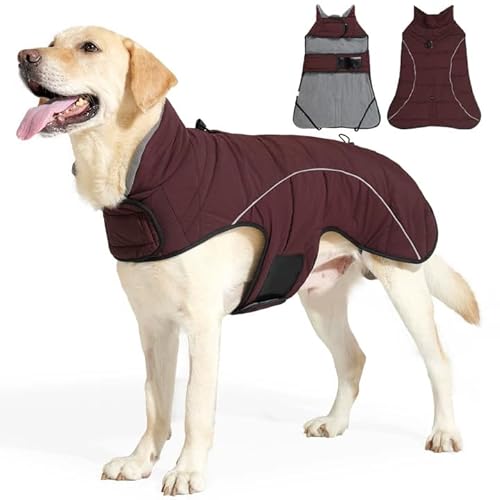 Duuclume Wasserdichter Winter-Hundemantel – Fleece-gefütterte, warme Jacke mit hohem Kragen und reflektierenden Streifen, D-Ring und verstellbarer Weste für kleine bis große Hunde (Rot, Größe 3XL) von Duuclume