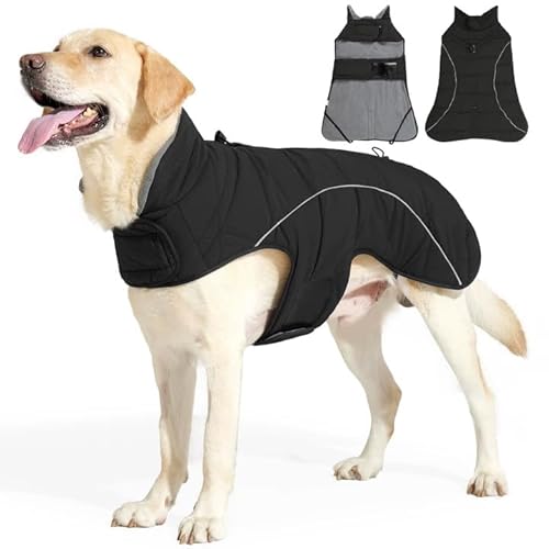 Duuclume Wasserdichter Winter-Hundemantel – Fleece-gefütterte, warme Jacke mit hohem Kragen und reflektierenden Streifen, D-Ring und verstellbarer Weste für kleine bis große Hunde (Schwarz, Größe L) von Duuclume