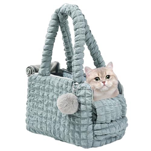 Duuclume Weiche Tragetaschen für Katzen, modische Luftpolstertasche, gesteppte Handtasche mit flauschigem Ball und belüfteten Netz-Reißverschlüssen für 5 kg Welpen / 6,8 kg Katzen (grün) von Duuclume