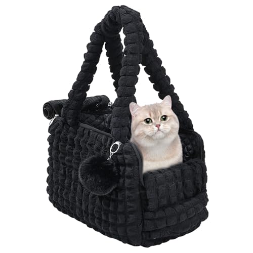Duuclume Weiche Tragetaschen für Katzen, modische Luftpolstertasche, gesteppte Handtasche mit flauschigem Ball und belüfteten Netz-Reißverschlüssen für 5 kg Welpen / 6,8 kg Katzen (schwarz) von Duuclume