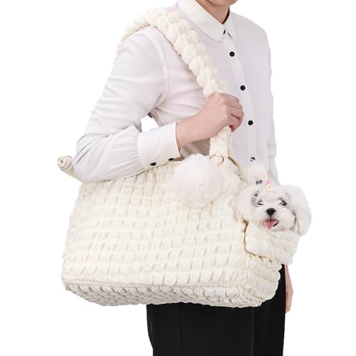 Duuclume Weiche Tragetaschen für Katzen, modische Luftpolstertasche, gesteppte Handtasche mit flauschigem Ball und belüfteten Netz-Reißverschlüssen für 5 kg Welpen / 6,8 kg Katzen (weiß) von Duuclume