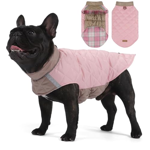 Duuclume Wendbarer, wasserdichter, warmer Hundemantel, britischer Stil, karierte Haustier-Winterjacke mit reflektierenden Streifen und D-Ring, doppelseitige Welpenweste für kleine bis große Hunde von Duuclume
