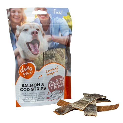 Duvoplus, Fish! Lachs- & Kabeljau-Streifen, 150 g ± 14 st, leckerer Fisch glutenfrei, mit Omega-3, fettarm und proteinreich, maximal 20% im Alltag, wiederverschließbare Verpackung Duvoplus, Fish! Lachs- & Kabeljau-Streifen, 150 g ± 14 st, leckerer Fisch glutenfrei, mit Omega-3, fettarm und proteinreich, maximal 20% im Alltag, wiederverschließbare Verpackung von Duvo+
