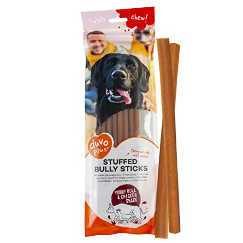 Chew! Bully Sticks mit Füllung, 25,4 cm – 4 Stück, außen hart, innen weich, Kau-Snack mit Rindersehne und Huhn, ohne Zuckerzusatz, ideal als Snack oder Belohnung für Hunde von Duvoplus