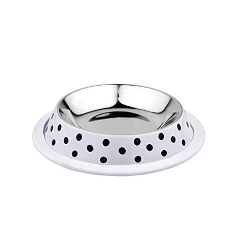 duvoplus, Deco Fix Dots Futternapf 460 ml – S – 21 x 21 x 4,2 cm, weiß, rostfrei, mit rutschfestem Gummirand – zeitgenössischer Druck mit kleinen Kugeln, für Hunde und Katzen von Duvoplus