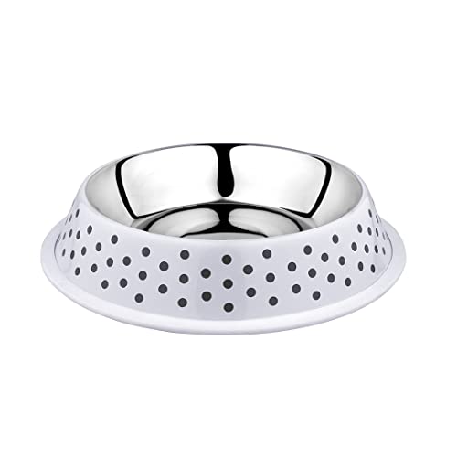 duvoplus, Deco Fix Dots Futternapf, 2100 ml – XL – 32,3 x 32,3 x 6,1 cm, weiß, rostfrei, mit rutschfestem Gummirand, moderner Druck mit kleinen Kugeln, für Hunde und Katzen von Duvoplus