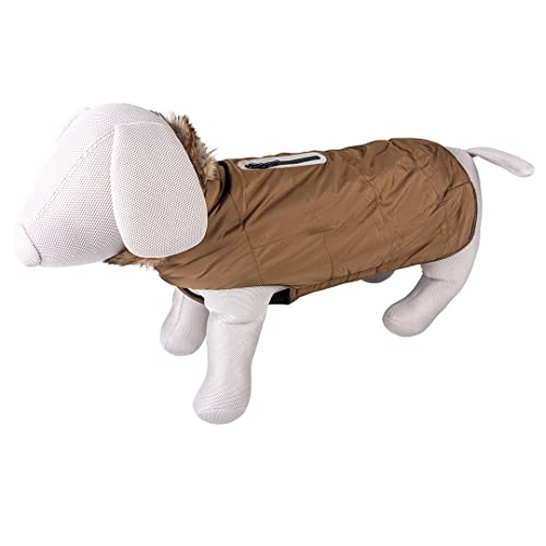 duvoplus, Fluffy Hundejacke mit Kapuze XS – 30 cm Khaki, warmes und modisches Design, gepolstert mit weichem Fleece, spritzwassergeschützt, einfach anzuziehen Dank Klettbändern von Duvoplus