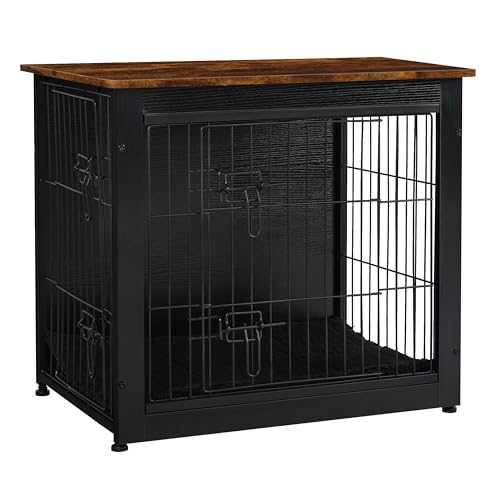 DWANTON Hundekäfig-Möbel mit Kissen, Hundebox aus Holz mit Doppeltüren, Hundemöbel, Hundehütte Indoor für kleine Hunde, Beistelltisch, 69,1 cm L, Schwarz + Rustikales Braun von Dwanton
