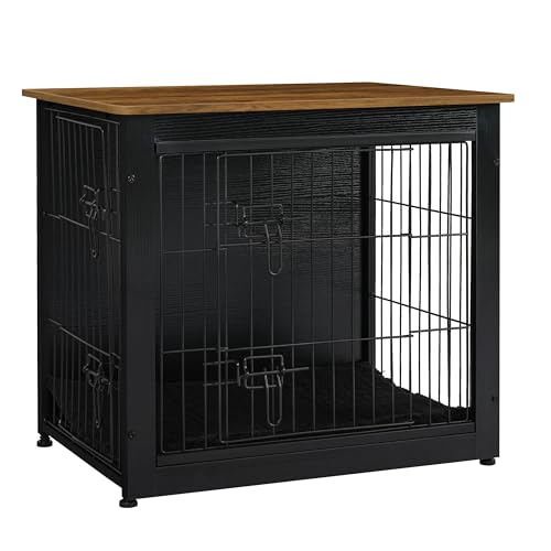 DWANTON Hundekäfig-Möbel mit Kissen, Hundekäfig aus Holz mit Doppeltüren, Hundemöbel, Hundehütte Indoor für kleine Hunde, Beistelltisch, 69,1 cm L, Schwarz + Warmbraun von Dwanton