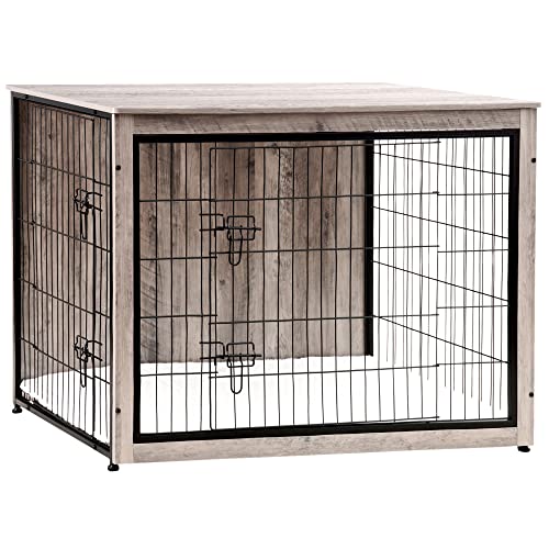 DWANTON Hundekäfig Möbel mit Kissen, XL Hundebox Holz mit Doppeltüren, Große Hundebox Möbel, Hundehütte Innen, Hundehütte, Extra Groß, 110.0 cm L, Greige von Dwanton
