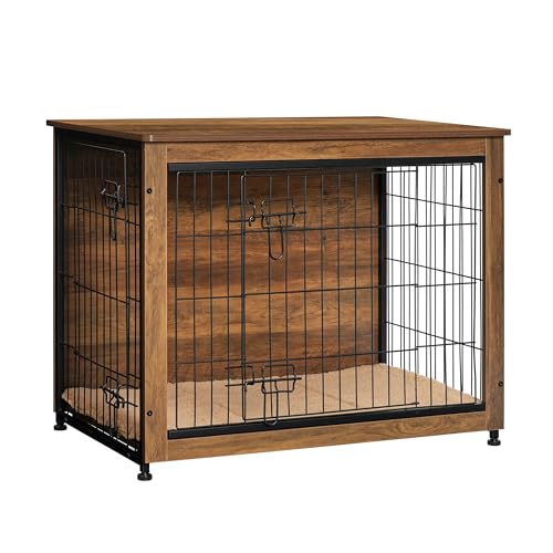 DWANTON Hundekäfig Möbel mit Kissen Hundehütte Holzhütte mit Doppeltüren Beistelltisch Medium 82,5 cm L Warmbraun von Dwanton