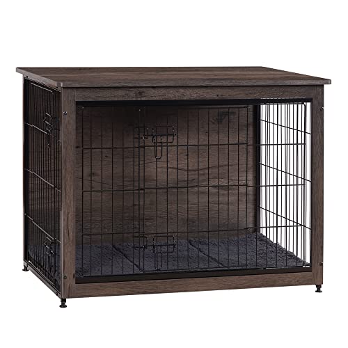 DWANTON Hundekäfig Möbel mit Kissen Mittelgroße Hundebox aus Holz mit Doppeltüren Hundemöbel Indoor Hundehütte Beistelltisch Medium 82,5cm L Dunkelgrau von Dwanton