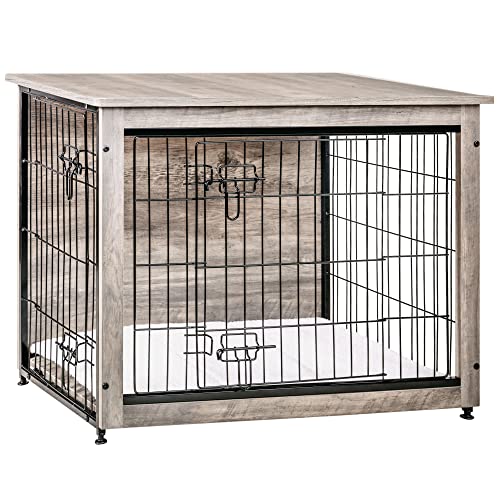 DWANTON Hundekäfigmöbel mit Kissen, Holztisch für Hundehütten mit Doppeltüren, Hundehaus innen, mittelgroß, 82,5 cm lang, Grau DWANTON Hundekäfigmöbel mit Kissen, Holztisch für Hundehütten mit Doppeltüren, Hundehaus innen, mittelgroß, 82,5 cm lang, Grau von Dwanton