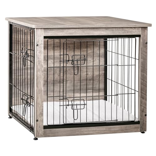 DWANTON Hundekäfigmöbel mit Kissen, Hundebox aus Holz mit Doppeltüren, Hundemöbel, Hundehütte Indoor für kleine/mittelgroße/große Hunde, Beistelltisch, klein, 69,1 cm L, Greige DWANTON Hundekäfigmöbel mit Kissen, Hundebox aus Holz mit Doppeltüren, Hundemöbel, Hundehütte Indoor für kleine/mittelgroße/große Hunde, Beistelltisch, klein, 69,1 cm L, Greige von Dwanton