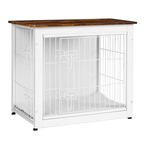 DWANTON Hundekäfigmöbel mit Kissen, Hundebox aus Holz mit Doppeltüren, Hundemöbel, Hundehütte Indoor für kleine Hunde, Beistelltisch, 69,1 cm L, Weiß + Rustikales Braun von Dwanton