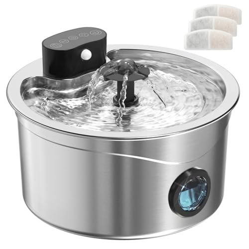 Katzenbrunnen Kabellos mit Bewegungsmelder,Trinkbrunnen für Katze Kabellos mit Batteriebetrieb 4000mAh,2.6L Katzentrinkbrunnen Edelstahl, Wasserbrunnen für Katzen mit Filter von Dwarfuarm