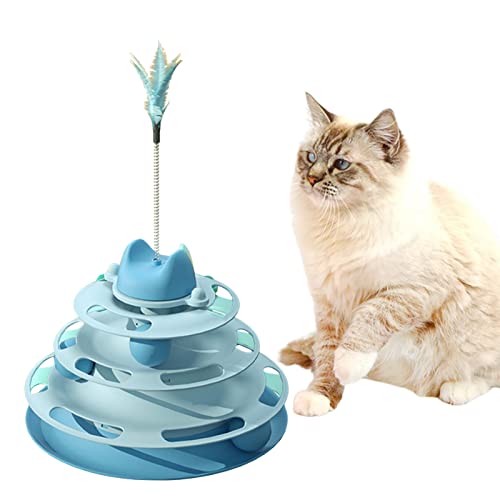 Dyeulget Katzen-Drehteller-Spielzeug – Interaktiver Katzenballturm mit abnehmbaren Bällen und Federn | Kätzchenturm Rollspielzeug für Indoor-Katzen von Dyeulget