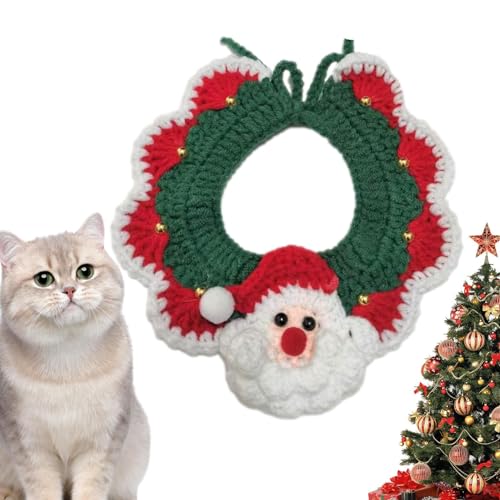 Dyeulget Weihnachtsmann-Schal für Hunde und Katzen, weich und verstellbar, gestricktes Halsband mit Glöckchen-Anhänger für Haustiere von Dyeulget