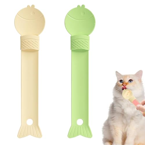 Cat Strip Feeder,Katzenfutter Löffel,Katzenlöffel,2 Stück Katzenstreifen Quetschlöffel,Futterlöffel Katze,Haustier Futterspender Katzen Food Spoon Flexibler Haustierlöffel (Grün/Gelb) von Dyiouxin
