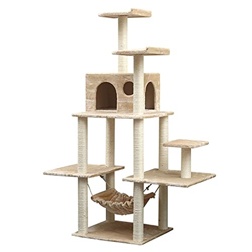 Massivholz-Katzen-Baum-Katzen-Turm Sisal-Katzen-Kratzbrett-Katze-Springplattform Spielzeug-Katzennest mit Hängematte (Color : Beige) von Dzwyc