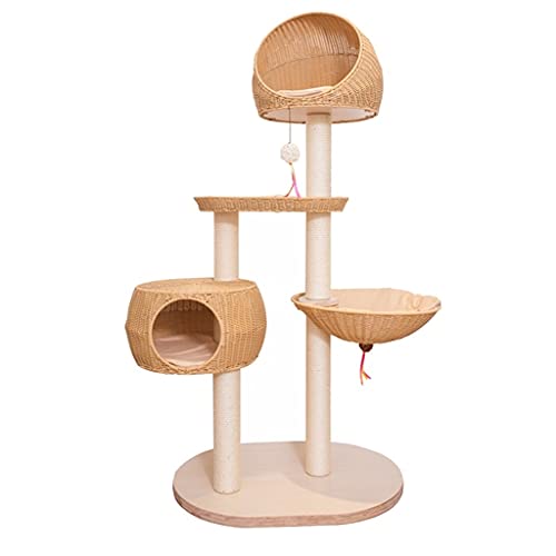 Rattan-Katzen-Baum-Katzen-Turm mit hängendem Spielzeug Kletterrahmen Multilevel Katze Jumping Platform Katze Nest (Color : Apricot) von Dzwyc
