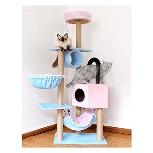 Zweifarbige Nähte Katze Turm Multi-Level Deluxe Cat Tree mit Katze Korb Liege Hängematte Katze Kletterrahmen (Color : Blue with pink, Größe : B) von Dzwyc