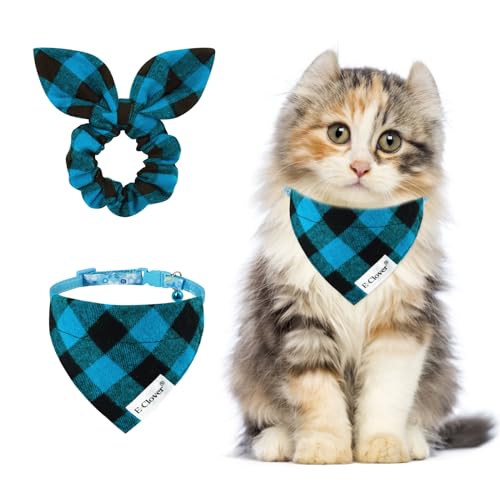 E-Clover Katzenhalsband für Jungen, abbrechbar, mit passendem Haargummi mit abnehmbarem Bandana, Glöckchen, verstellbar, für Kätzchen, Kätzchen, Kätzchen, Besitzer, Geschenk, Blau kariert von E-Clover