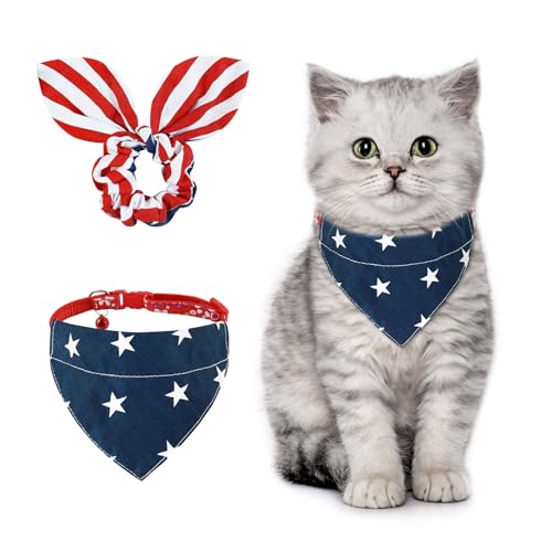 E-Clover Katzenhalsband mit amerikanischer Flagge, Bandana und passendes Haargummi, Zubehör für Kätzchen, Kätzchen, Kätzchen, Geschenk, Blau, Rot, Weiß von E-Clover