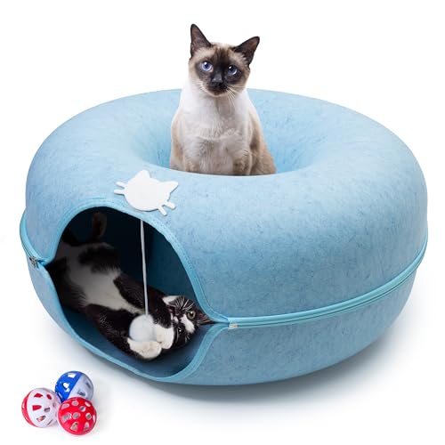 Meow Mansion Große Katzenhöhle Donut – Katzentunnelbett für große Katzen bis zu 13,6 kg – 3 Spielzeugbälle & hängender Ball im Lieferumfang enthalten – Kratzfestes, abnehmbares und reinigbares von E & E's