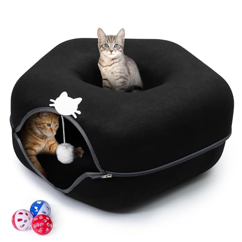 Meow Mansion Hexagon Katzenhöhle Donut-Bett – Katzentunnelbett für Jumbo-Katzen bis zu 20,4 kg – 3 Spielzeugbälle und hängende Kugel im Lieferumfang enthalten – kratzfest, abnehmbares und reinigbares von E & E's