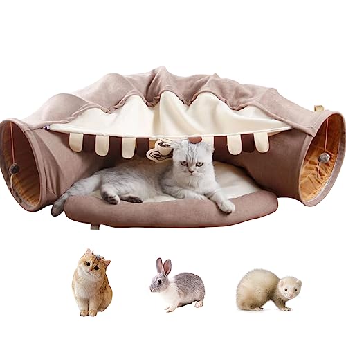 EAEDMY Katzen-Kaninchen-Tunnelbett, für Katzen im Innenbereich, mit faltbarem, waschbarem, weichem Kissen, Plüschball und Trainingsradschlauch, Kätzchen, Frettchen (2. Kaffeebraun) von EAEDMY