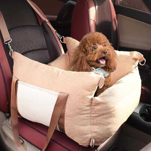 EAROND Autositz für kleine Hunde für Reisen, tragbarer Haustier-Autositz für Hunde bis zu 11,3 kg, mit Sicherheitsgeschirr und verdicktem Memory-Kissen, waschbares Welpenautositzbett für Vorder- und von EAROND