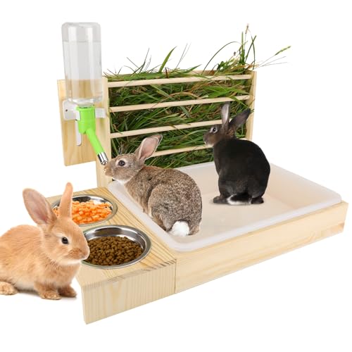 Kaninchen-Heu-Futterstation, 4-in-1 Kaninchen-Futterstation mit Katzentoilette, Schüsseln und Wasserflasche, Hasen-Heuhalter, Toilette für Kaninchen, Meerschweinchen, Hamster, Igel, Chinchillas (groß) von EAROND