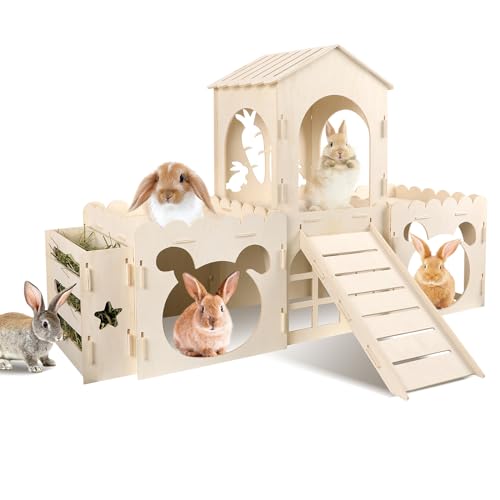 Großes Kaninchenversteck Hasenschloss, Hasenhaus aus Holz & Heu-Futterspender, abnehmbares Kaninchenversteck mit Rampe, Kleintierhäuser & Lebensräume von EAROND