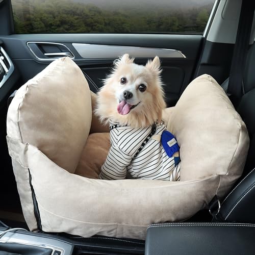 Hunde-Autositz für kleine, mittelgroße Hunde, waschbare Hunde-Sitzerhöhung mit abnehmbarem Bezug und Aufbewahrungstaschen, tragbares Reise-Hundebett für Autofahrten auf Vorder-/Rücksitz, Beige von EAROND