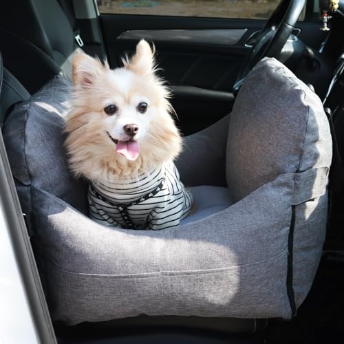 Hunde-Autositz für kleine, mittelgroße Hunde, waschbare Hunde-Sitzerhöhung mit abnehmbarem Bezug und Aufbewahrungstaschen, tragbares Reise-Hundebett für Autofahrten auf Vorder-/Rücksitz, Grau von EAROND