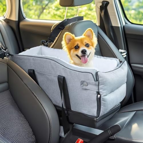 Mittelkonsole Hundesitz für kleine Hunde bis zu 4,1 kg, abnehmbare Arme, tragbare Mittelkonsole mit verstellbaren Riemen, Aufbewahrungstasche, sichere Schutzhaken (grau) von EAROND