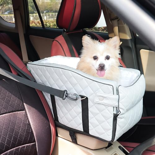 PU Mittelkonsole Hund Autositz für kleine Hunde bis zu 5,4 kg, tragbare Hunde Armlehne Booster Sitz mit verstellbaren Gurten & Aufbewahrungstasche (graues PU) von EAROND