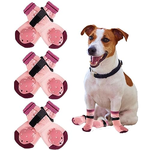 EASY JOY 3 Paar Hundesocken Anti Rutsch mit Verstellbaren Trägern, Hunde Pfotenschutz mit Anti-Rutsch-Gummi Verhindern EIN Verrutschen, Rosa Größe L von EASY JOY