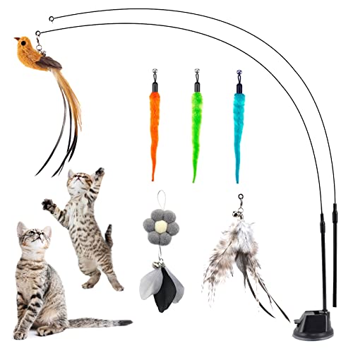 EASY JOY Interaktives Katzenspielzeug, Katzenangel mit Saugnapf, 2 Katzenangel, 6 Spielzeuge mit Glöckchen, Fliegender Vogel Cat Toys für Kleine Große Katzen von EASY JOY