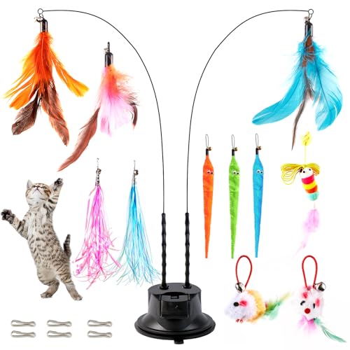 EASY JOY 14 Stück Interaktives Katzenspielzeug, Katzenangel mit Doppelloch-Saugnapf, 2 Katzenstöcke, 11 Austauschbare Spielzeuge, Fliegendes Vogel-Katzenspielzeug für kleine und Große Katzen von EASY JOY