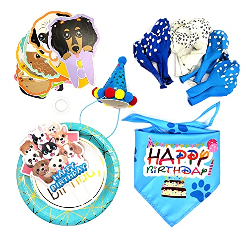 Hunde Katze Geburtstagsparty Deko Set, Happy Birthday Bandana, Happy Birthday Banner, Hunde Partyhüte Kopftücher, Luftballon Geburtstag Dekorationen für Hunde Haustiere - Blau von EASY JOY