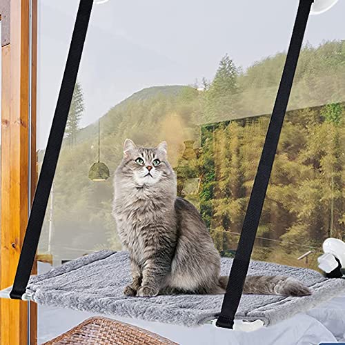 Fenster Katzenhängematte, Fensterplatz Window Lounger Katzen Hängematte mit Decke+ Große Saugnapf, Sonnenbad Katzen Fensterliege, für Große Katze, Fest und Einfach Zusammenzubauen, bis 15KG von EASY JOY