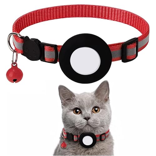 Airtag Katzenhalsband,Reflektierend GPS Leichte Tracker Katzenhalsbänder mit Airtag Hülle, Schnellverschluss, 21-34cm Verstellbar für Katzen Kitten Q7 (Rot) von EBLIN