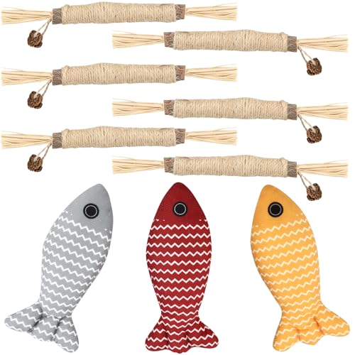 ECHOBUY Katzenminze Spielzeug Set 6 Stück 20CM Katzenminze Kissen in Fischform + 3 Matatabi Katzenminze Sticks - Ideal zum Spielen, Kauen & Zahnpflege für Katzen, Natürlich, Sicher & gegen Mundgeruch von ECHOBUY