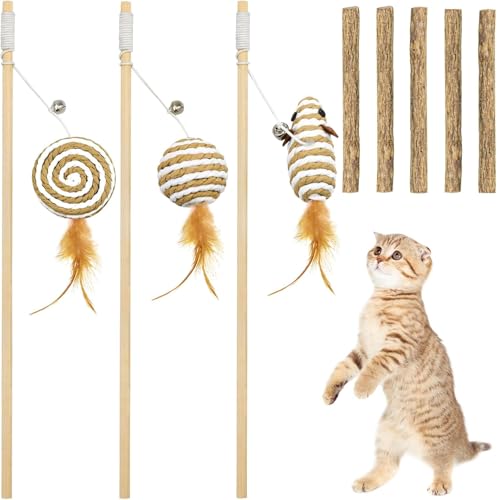 Interaktives Katzenspielzeug Set mit Federn 3er 40cm Teaser Zauberstab Spielzeug mit Elastisches Seil Bonus 5er Katzenminze Sticks Angel Katze Katzenspielzeug Feder für Katzen und Kitten von ECHOBUY