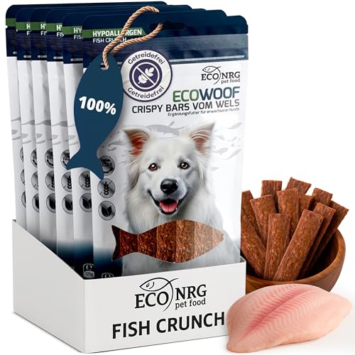 ECO WOOF Hundesnacks | 100% Crispy Bars VOM WELS, Hypoallergener, Monoprotein, Glutenfrei, Reich an Omega 3, Fischleckerlis, Training, Nahrhaft, Zahnpflege | 6stück 125g von ECO NRG PET FOOD